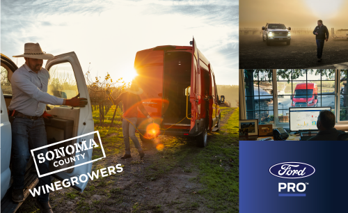Collage of photos representing the Ford Pro and Sonoma County Winegrowers partnership