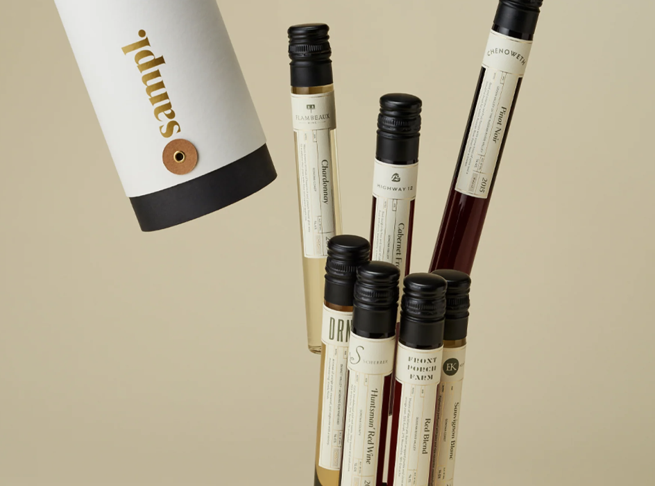 Sample vials of wine