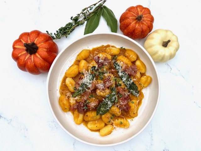 Bowl of Pumpkin Gnocchi with Crispy Prosciutto and Sage